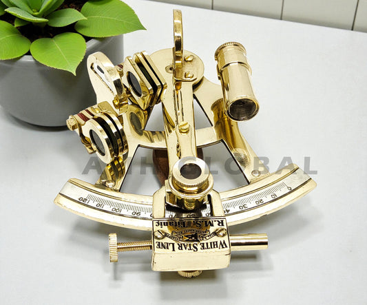 Antique Shiny Brass Sextant Replica, 4-Inch Nautical Navigation Instrument, Celestial Navigation Decor, Maritime Gift, Collectible Home Office Ornament