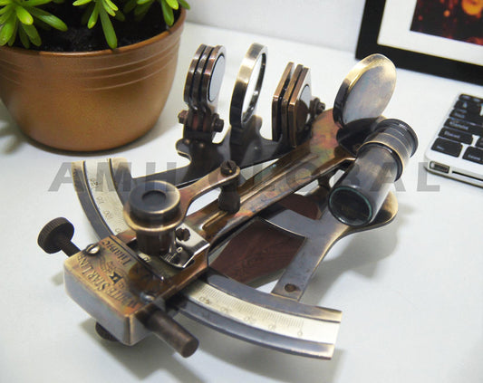 Antique Brass Sextant Replica, 4-Inch Nautical Navigation Instrument, Celestial Navigation Decor, Maritime Gift, Collectible Home Office Ornament