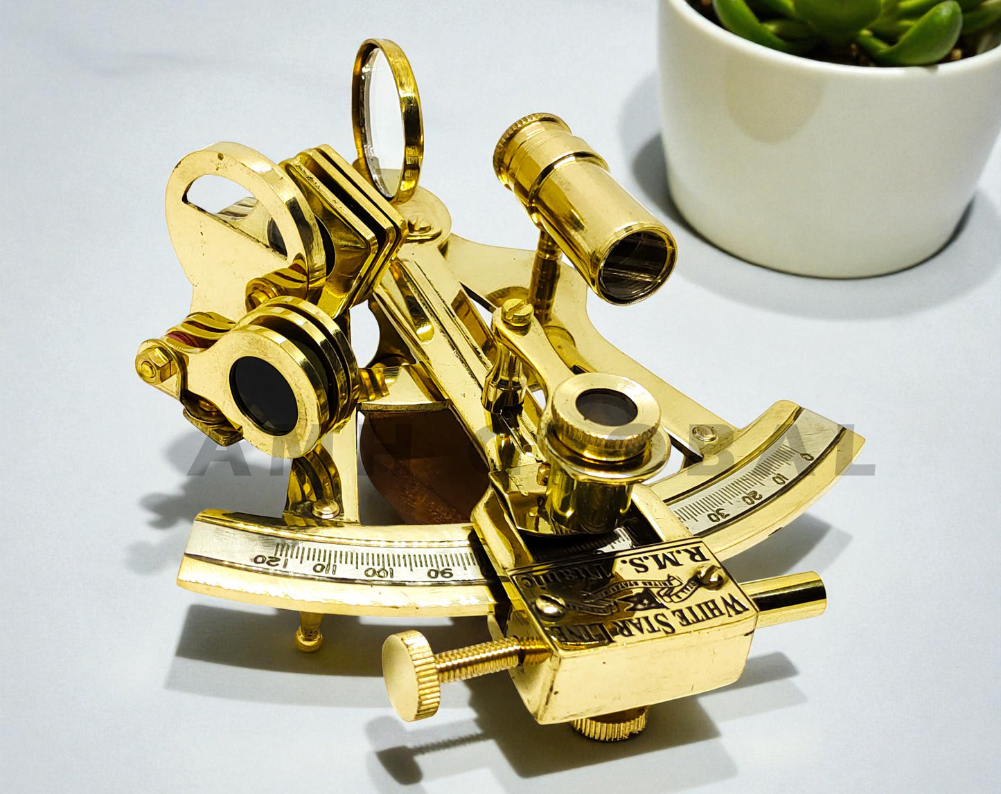 Antique Shiny Brass Sextant Replica, 4-Inch Nautical Navigation Instrument, Celestial Navigation Decor, Maritime Gift, Collectible Home Office Ornament