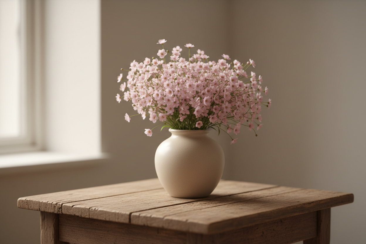 neutral tone, a vase on a wooden table with tiny pink flowers